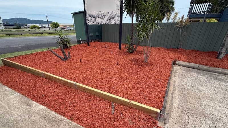 Red-toned mulch laid to depth in a timber-edged bed around young palms